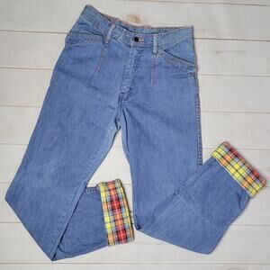 Vintage 70s Faded Glory Orange Stitching Bareback Plaid Flannel Lined Jeans, 28"